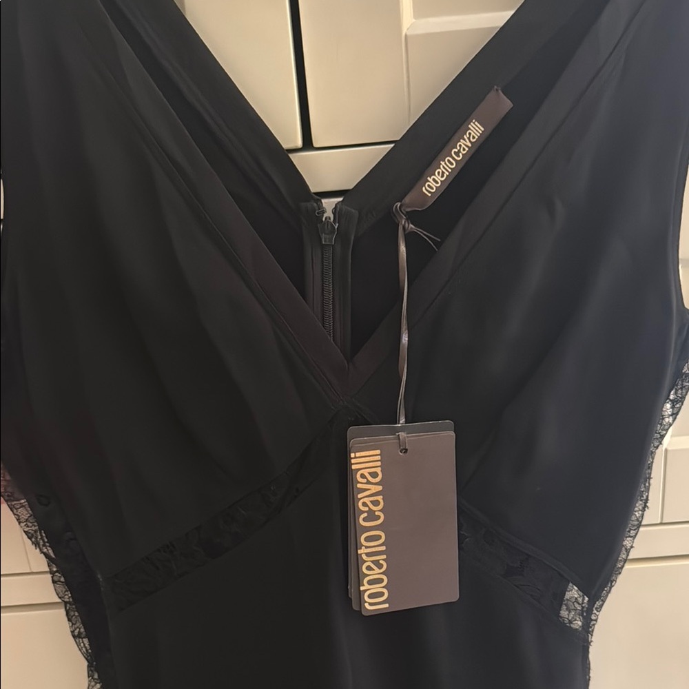 Roberto Cavalli Black Sheath Knee Length Dress V-Neck